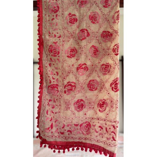 Red Rose Embroidered Phulkari Scarf 