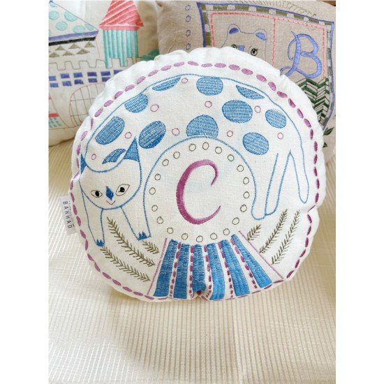 Cat Round Embroidered Shaped Cushion