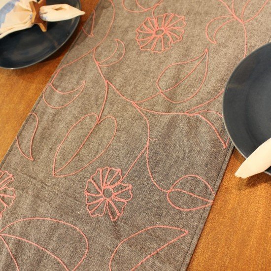 Flower Embroidery Black Chambray Table Runner