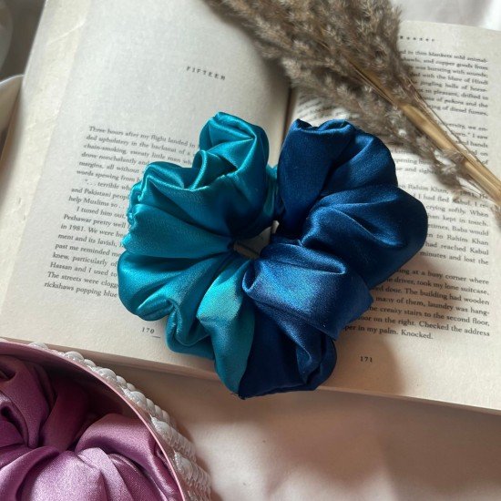 Blue Turquoise Dual Satin Scrunchie