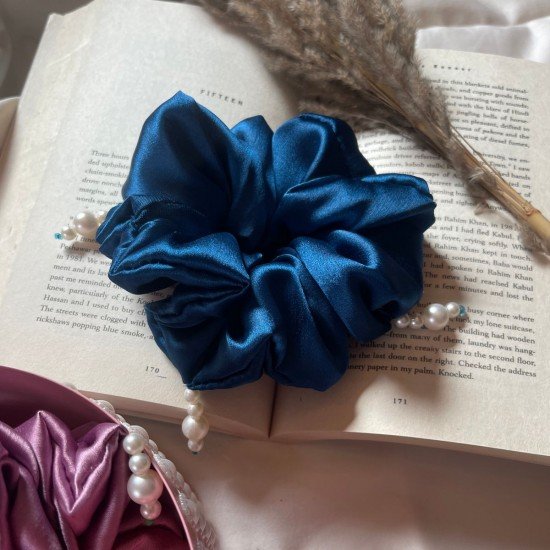 Royal Blue Satin Beads Scrunchie