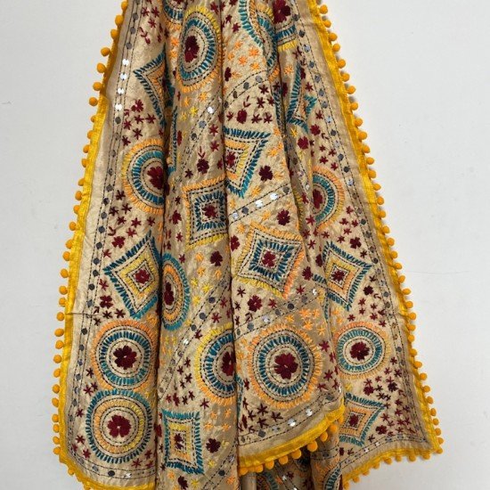 Yellow Geo Embroidered Phulkari Scarf 