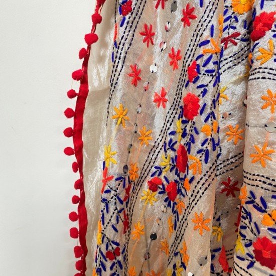 Red Dormo Embroidered Phulkari Scarf 