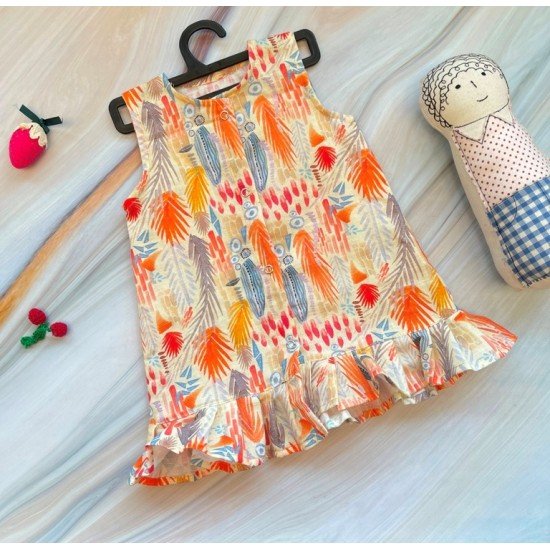 Colorful Feather Linen Printed Sleeveless Dress