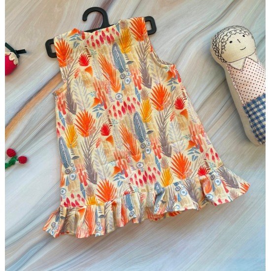 Colorful Feather Linen Printed Sleeveless Dress