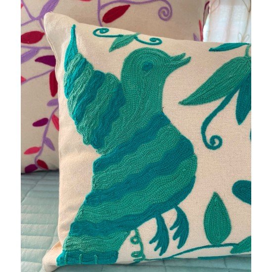 Cyan Bird Embroidered Cushion