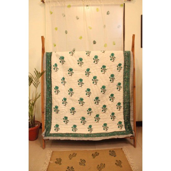 Green Flower Block Printed Quilt Single Bed