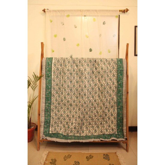 Green Flower Block Printed Quilt Single Bed