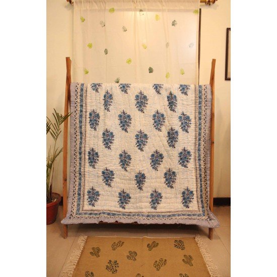 Blue Flower Block Printed Quilt Single Bed